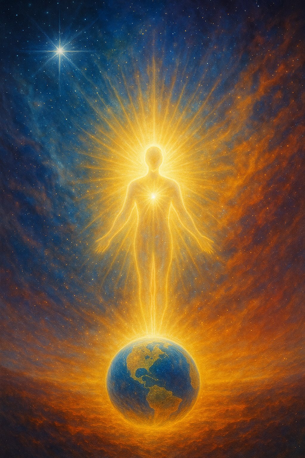 Eine leuchtende Gestalt über der Erde — symbolisches Bild für das Licht, das in die Welt wirkt